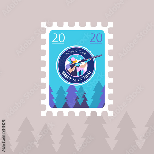 Shooting Skeet. Vector illustration of a postage stamp.