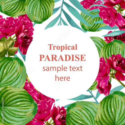 Tropical vector floral round card. Summerl template design with palm leaves a...