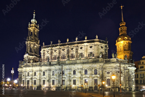 Katholische Hofkirche, Catholic Church of the Royal Court of Saxony at Night, with the Dresden Castle beside, Dresden, Saxony, Germany, Europe