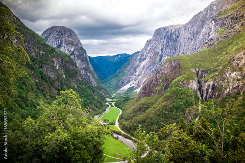 View on Naeroydalen valley from road Stalheimskleiva (Stalheim, Voss, Hordaland, Norway) photo