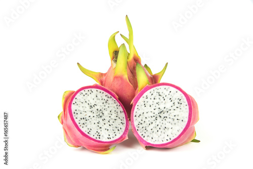 Pitaya or Dragon Fruit sliced on white background