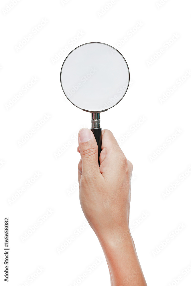 Hand holding Magnifying glass isolated on white. Hand holding Magnifying glass isolated on white.