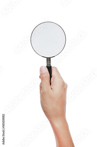 Hand holding Magnifying glass isolated on white.