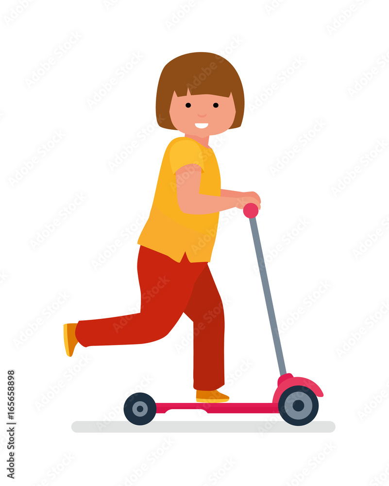 The cute girl on the pink scooter. White background. Vector illustration flat cartoon style The cute girl on the pink scooter. White background. Vector illustration flat cartoon style