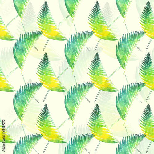 Tropical background with green watercolor palm leaves