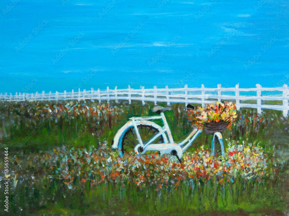 Beautiful landscape painting of withe bicycle with colorful flowers basket in wildflower field against blue sky and white picket, Acrylic color painting Beautiful landscape painting of withe bicycle with colorful flowers basket in wildflower field against blue sky and white picket, Acrylic color painting