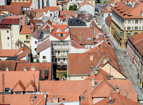 Aerial view on medieval roofs in European city