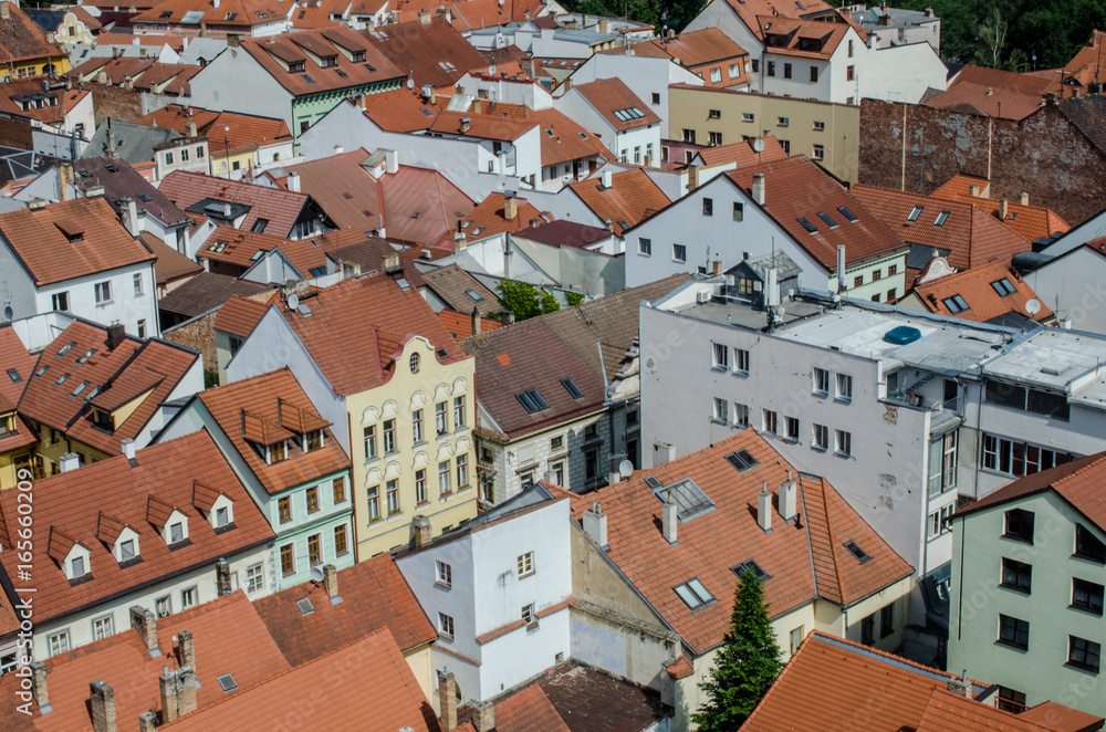 Aerial view on medieval roofs in European city