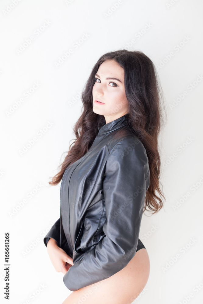 brunette girl in leather jacket and black lingerie brunette girl in leather jacket and black lingerie
