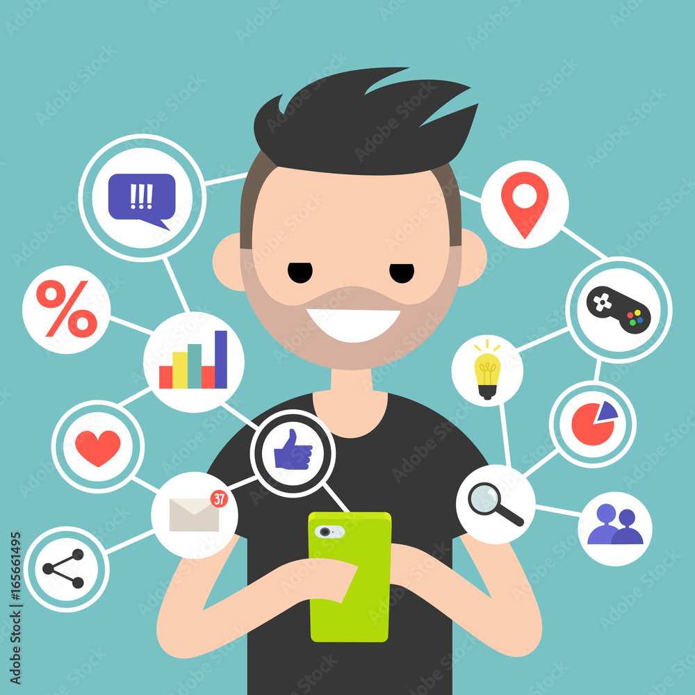 Millennial consuming online content on mobile device / flat editable vector illustration, clip art Millennial consuming online content on mobile device / flat editable vector illustration, clip art