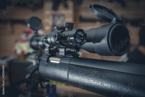 Closeup of a sniper rifle telescope.