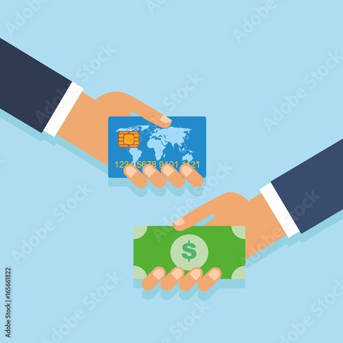 Concept of cashing money from a bank card. Hand giving money to other hand. Hand with a bank card