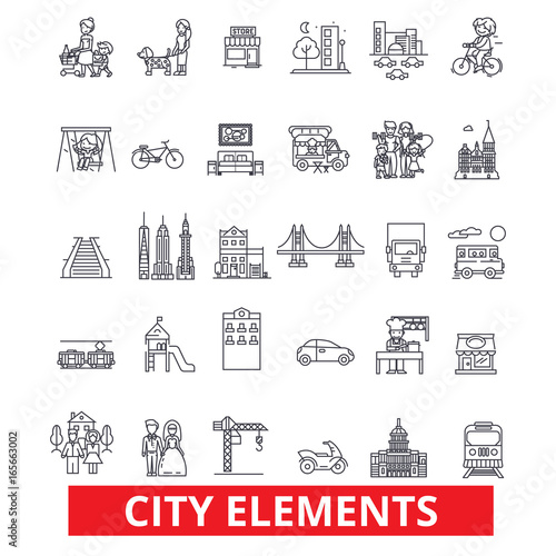 City elements, town, urban, district, architecture, transportation, settlement line icons. Editable strokes. Flat design vector illustration symbol concept. Linear signs isolated on white background
