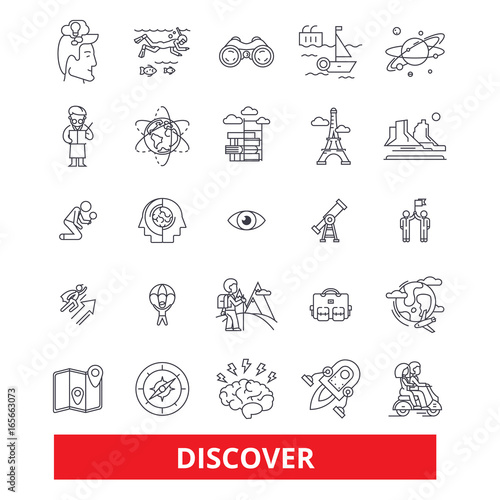 Discover, explorer, find, magnifying glass, compass, search, reveal, travel, learning line icons. Editable strokes. Flat design vector illustration symbol concept. Linear signs isolated on background