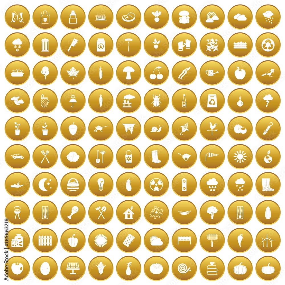 100 vegetables icons set gold 100 vegetables icons set gold
