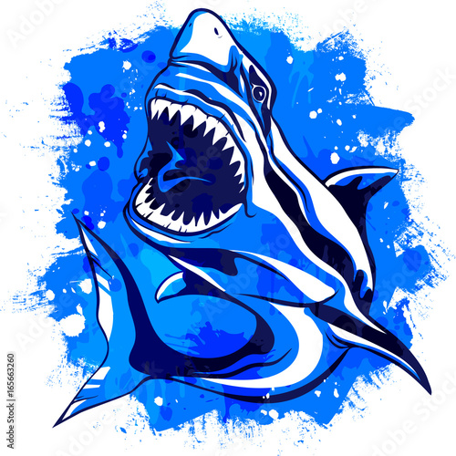 Color watercolor aggressive shark with open mouth