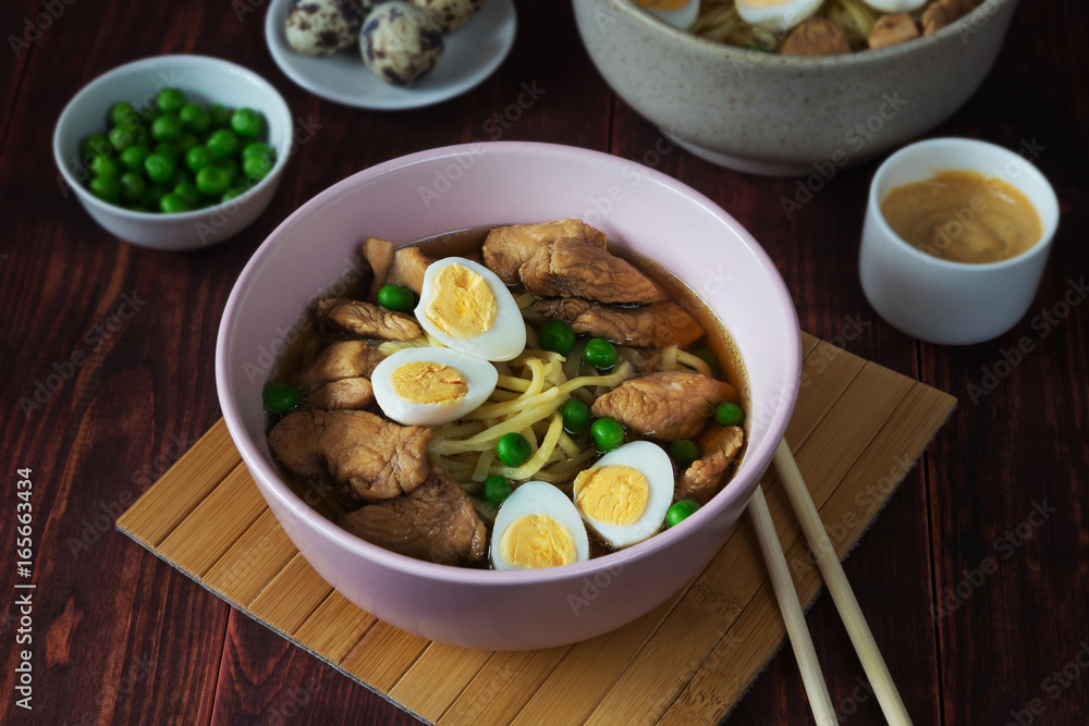 Ramen soup with eggs, noodles and peas