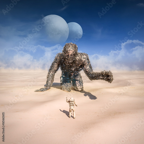 Giant in the desert / 3D illustration of astronaut finding giant robot in sandy desert on alien planet with twin moons photo