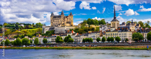 Landmarks of France-panorama of Samumur town with royal castle. Loire valley