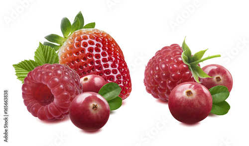 Raspberry cranberry strawberry double isolated on white