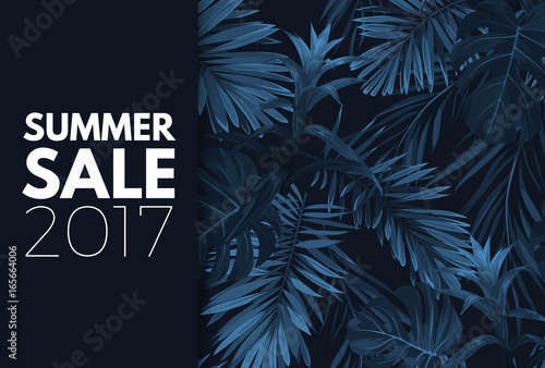 Blue indigo summer tropical hawaiian background with palm tree leaves and exotic flowers. Vector design for banner or advertisment.