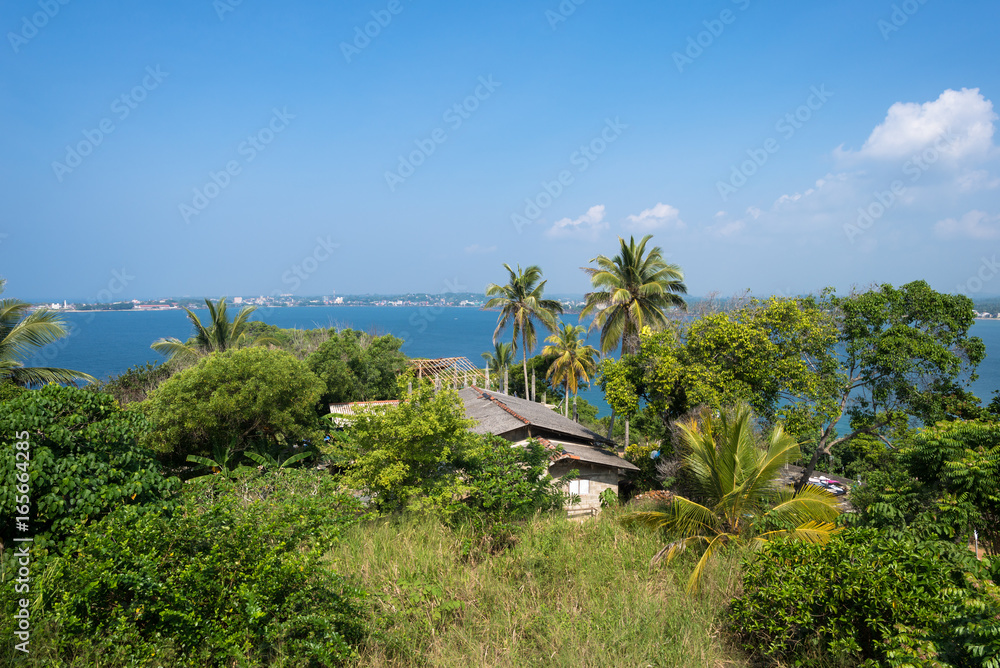 House in the Jungle. View from the Japanese Peace Pagoda to direction Galle with the natural harbor. Seen from the platform on top of the Rumassala hill in Unawatuna House in the Jungle. View from the Japanese Peace Pagoda to direction Galle with the natural harbor. Seen from the platform on top of the Rumassala hill in Unawatuna