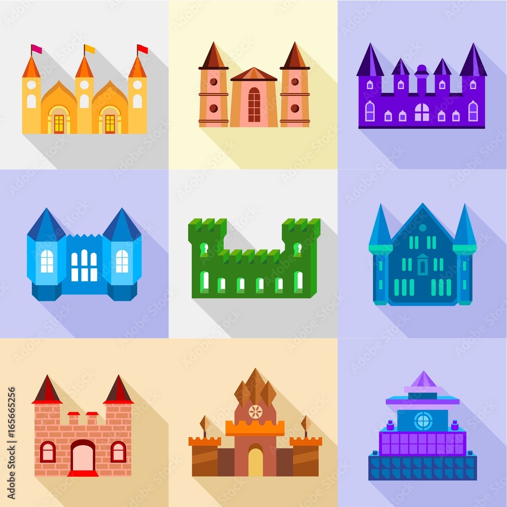 Fortress and bastion icons set, flat style