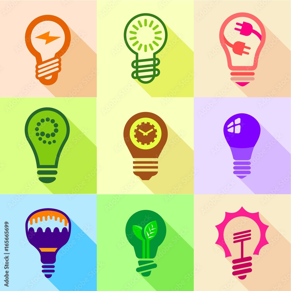 Stylized light bulb icons set, flat style Stylized light bulb icons set, flat style