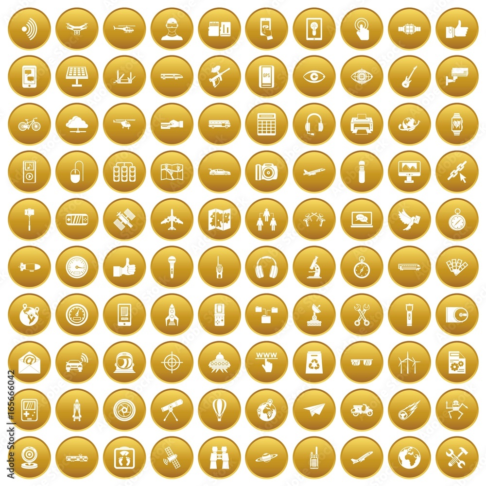 100 wireless technology icons set gold 100 wireless technology icons set gold