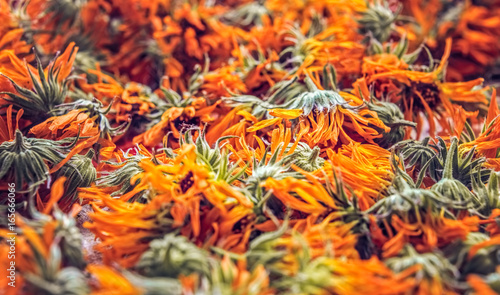 Calendula officinalis or Marigold dry tea flowers, close view