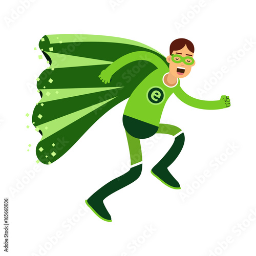 Ecological superhero man in green costume running, eco concept vector Illustration
