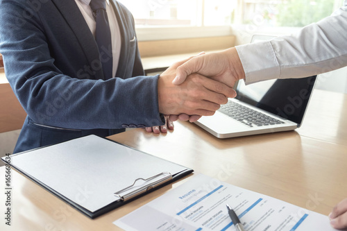 Job applicant having interview  Welcome to team Business people handshake with executive manager to Sign Approval Into the company  business meeting  Greeting deal  congratulation