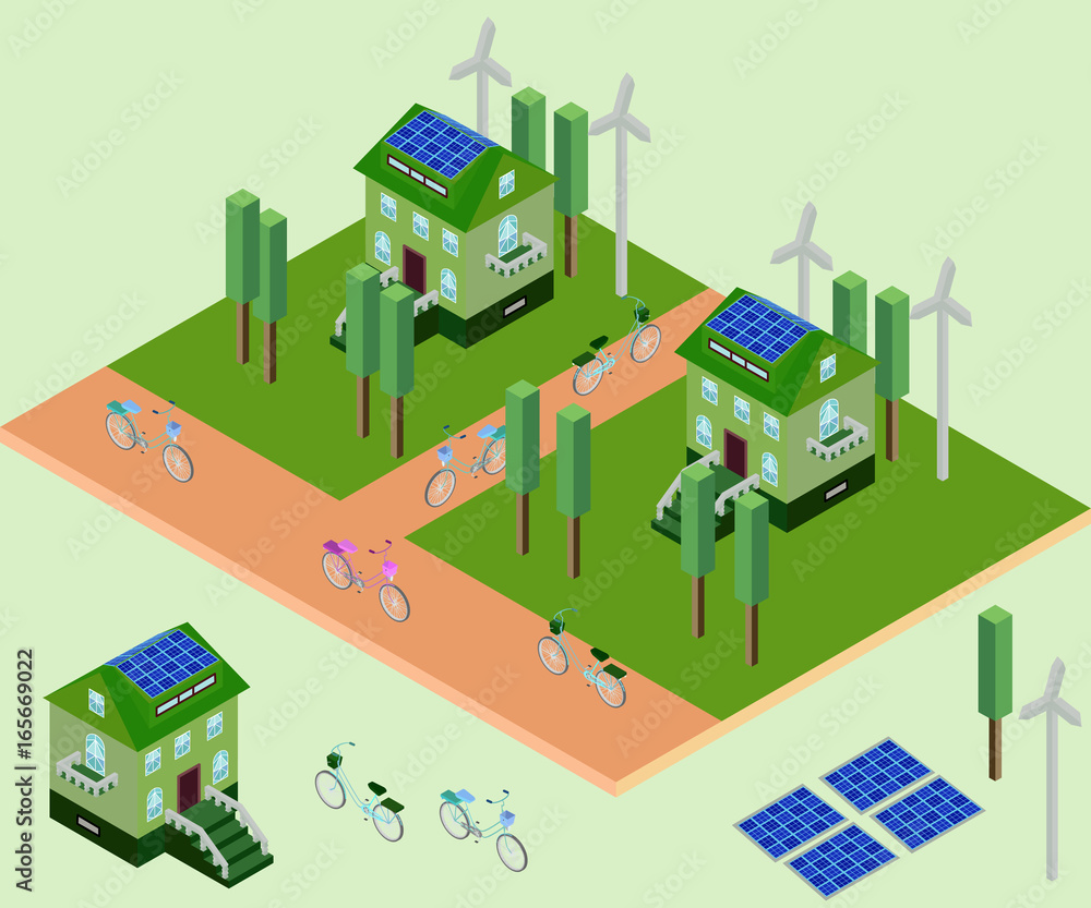 Isometric eco elements for city, greenhouse, bicycle, charge, windmill