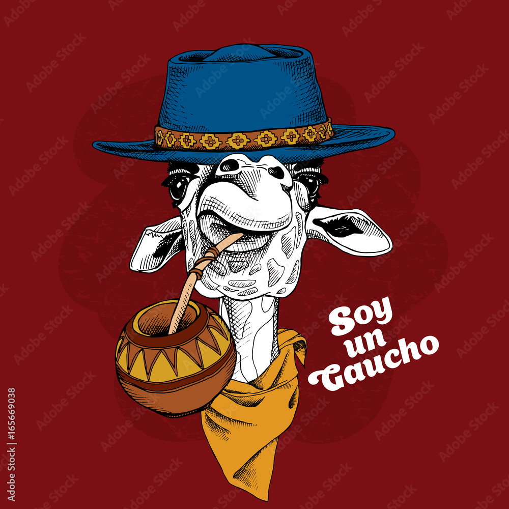 Obraz premium Giraffe portrait in a blue hat, in a yellow cravat and with a cup of a mate tea.Text in Spanish 