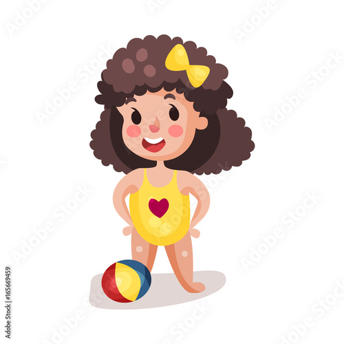 Little boy wearing yellow swimsuit playing with a ball, kid having fun on the beach colorful character vector Illustration