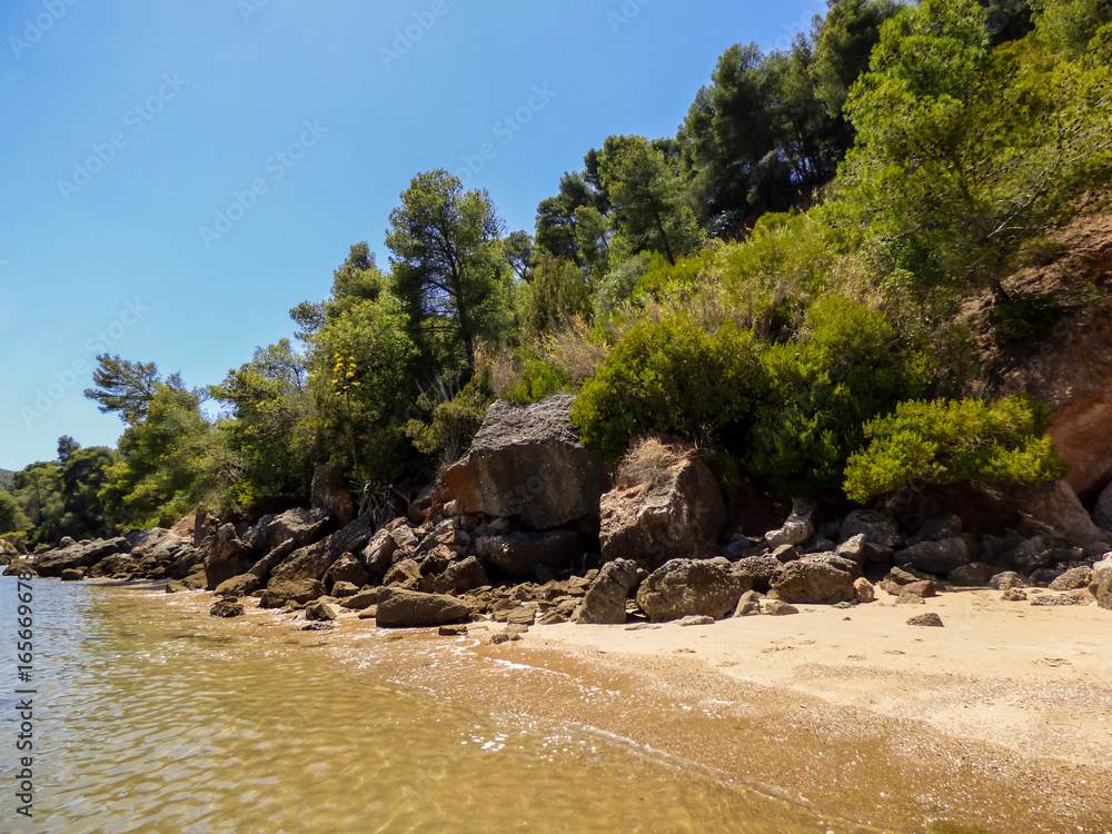 Beach landscape with transparent waters at Natural Park of Arrabida in Setubal, Portugal