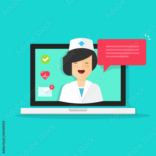 Doctor online vector illustration, flat cartoon woman doctor answers via laptop on-line video technology, remote medical consultation vie internet, telemedicine chat message