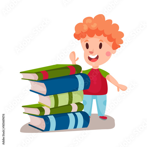 Cute redhead boy standing next to a pile of books, education and knowledge concept, colorful character vector Illustration