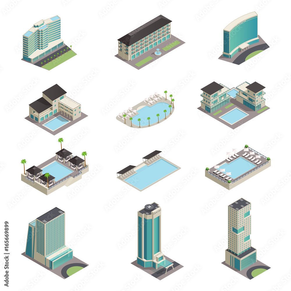 Naklejka premium Luxury Hotel Buildings Isometric Icons