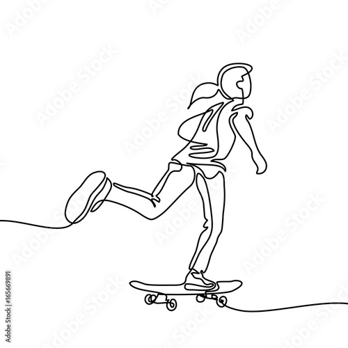 Continuous line drawing. Girl riding a skateboard. Vector Illustration