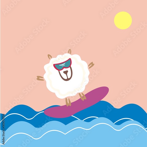 Sheep surfing in the sea. Vector illustration. A fun image for summer holiday