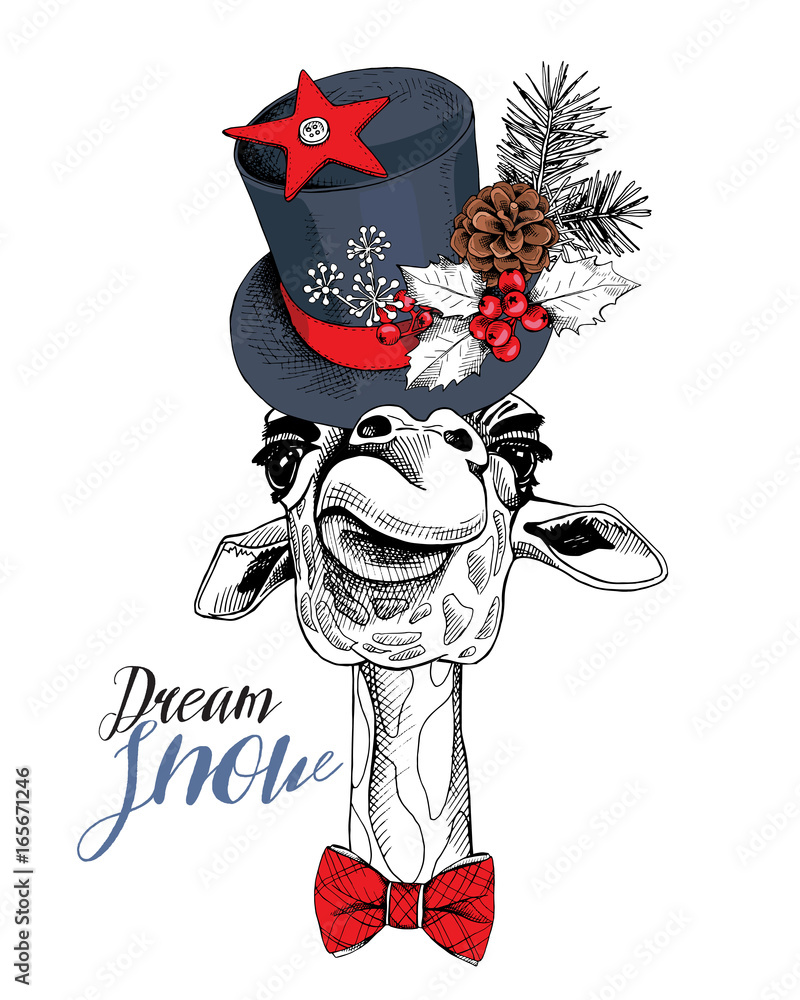 Fototapeta premium Christmas card. Giraffe in a Snowman top hat and in a bow tie. Vector illustration.