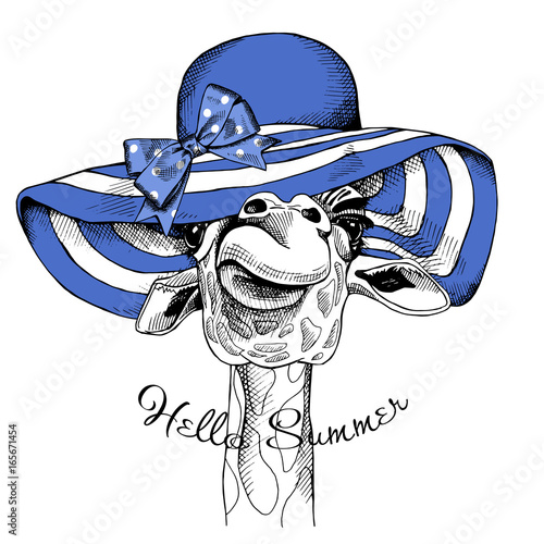 Giraffe portrait in a blue summer sun hat with bow. Vector illustration.