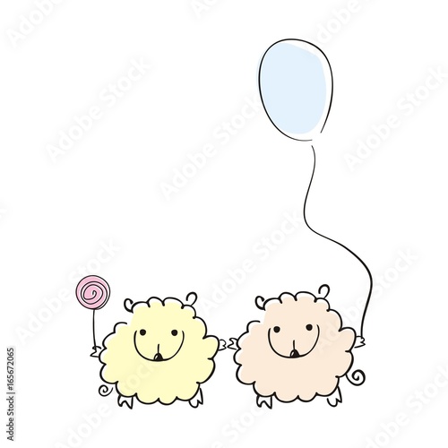 two loving sheep with balloon and candy. Vector illustration. Doodle art.