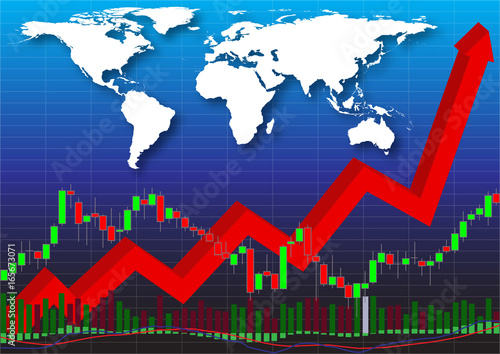 Candlestick stock exchange with red arrow indicates economic upturn and white world map background  vector illustrator
