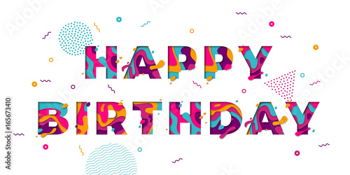 Happy Birthday greeting card confetti papercut multi color layers vector text