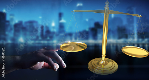 Businesswoman with justice weighing scales 3D rendering