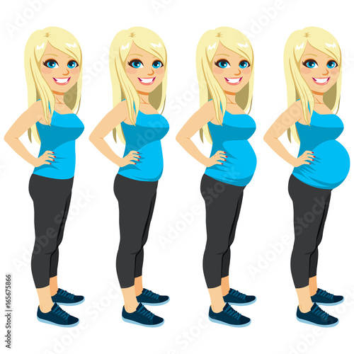 Happy young blonde woman on different pregnancy stages