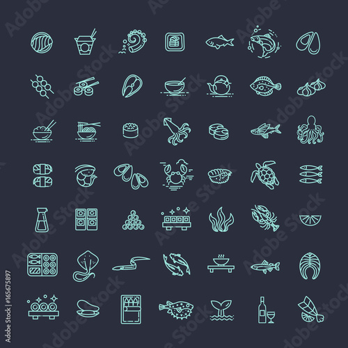 Fish and seafood - outline icon collection, vector for restaurant menu