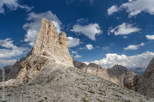 View of Vajolet towers  Torri del Vajolet  in Rosengarten group of Dolomites moutains  Catinaccio  Italy.